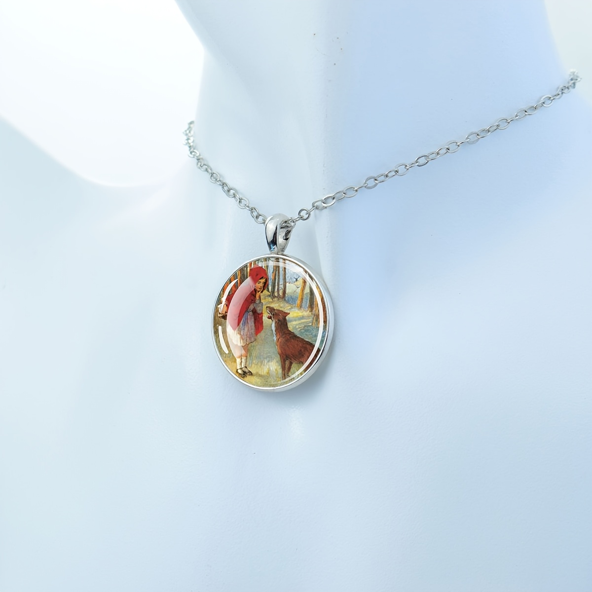 Little Red Riding Hood Forest Scene Dome Glass Pendant Necklace
